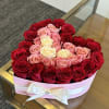Heart box with roses, three colors red, pink and white