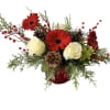 Red gerbera daisys, white roses, green hydrangea, berries, holiday greens &amp; decor