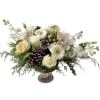 White roses, white gerbera daisy, white orchid, white lisianthus, white stock, kale