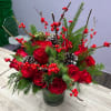 Red roses, Christmas Branches, Berries in a vase (included)