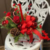 This decorative sleigh is filled with Christmas greens, the best red flowers
