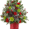 Teleflora&#039;s Holiday Cheer Tree is brimming with joy! Red carnations, green mums
