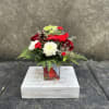 Red bird square vase, chrysanthemums, roses, acorn, little red bird, mini carnations