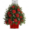 This beautiful Christmas tree arrangement is full of miniature red carnations, english