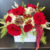 a Red and White with pine cones Christmas mixed arrangement in a