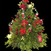 Mini Christmas tree centerpieces adorned with burgundy chrysanthemums, red and white roses
