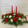 Centerpiece with pine, carnations, pomps in red and white colors