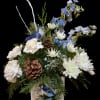 Winter whites and blues - Carnations, mums, delphinium and a blue jay