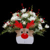 White mums and red berries fill this &quot;Rudolph&quot;