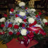 Sympathy mache - includes white spider mums, white red roses, purple statice