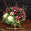 A luxurious holiday floral arrangement featuring deep burgundy cymbidium orchids, variegated garden