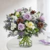 Arrangement with white kale and button poms; blue thistle; lavender roses, purple