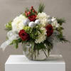White hydrangea, green mini hydrangea, red hypericum berries, Chrismtas greens silver balls