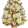 he stunning tree bouquet features white roses, white alstroemeria, white miniature carnations