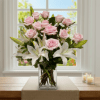 Dozen Pink roses and Oriental Lilies design to delight in glass -