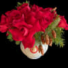 Onyx container with seasonal foliage and red roses.