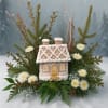 Gingerbread themed design featuring a variety of fresh winter greens and white