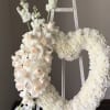 Classic Heart funeral wreath with white Roses, mini Spray Roses, white carnations