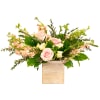Vintage style floral arrangement in a wooden box.
(frontal facing arrangement)