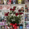 fresh 12 roses in vase with gray bear 