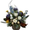 This beauty comes in a birch Cylinder with white roses, agapanthus, light
