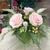 4&quot; Cube with Christmas greens, light pink roses, veronica, hypericum berries, and