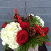 This is a perfect Christmas Centerpiece - White hydrangeas, red roses, pine