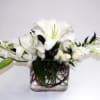 White lilies and dendrobium orchids arranged in a contemporary style.