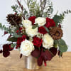 PINECONE GLOW- PINECONES, RED FREEDOM ROSES, PLAYA BLANCA ROSES, BABY BLUE EUCALYPTUS