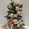 6 Pink roses, lavander statice , baby breath , 2 white lilies