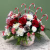 Candy Cane Lane is a holiday flower basket that features festive white