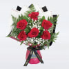 6 premium hand-picked red roses arranged neatly with care using premium greens