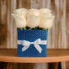 Elegant white roses displayed in a striking metallic blue box with a