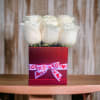 Elegant white roses displayed in a striking red box and accented with