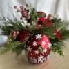 Ornament shaped container with Christmas Greens and festive Christmas Red and White