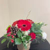 Elegant arrangement made up of red roses, red gerber daisies, white hydrangea