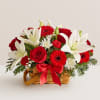 RED ROSES , WHITE LILYS , CUSHION AND RED CARNATION  