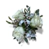 3 petite roses, white accent flower, eucalyptus, tree fern, bow. If you