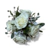 5 petite roses, white accent flower, bow, eucalyptus, tree fern, gemstones. Let