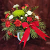 Festive Mini Carnations and Cremon blooms in a keepsake holiday mug adorned