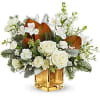 Teleflora's Golden Glitz Bouquet sparkles with winter elegance! White roses, seasonal greens