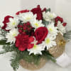 This arrangement is perfect for the holidays, red roses, red carnations, cushion