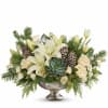Classic White and Green Holiday Centerpiece, Lillies Tulips and Pine Cones in