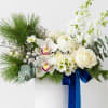 Modern clean design of crisp white premium floral, blue and silver accents