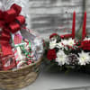 The Holiday Cheer Extravaganza Gift Basket and a Christmas centerpiece!