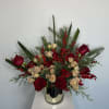 Holiday Greens, red roses, taupe spray roses, red holiday berries