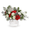 White Wishes Bouquet features white spray roses, red carnations, white cushion spray