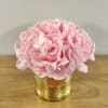 Six vibrant preserved pink roses, thoughtfully arranged in a luminous gold vessel.