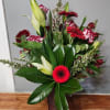 This Arrangement presents beautiful Gergera Daisies and lillies with fresh Magnolia Leaves.
