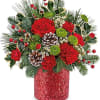 Crimson Wishes Bouquet is a festive blend of red carnations, green mums